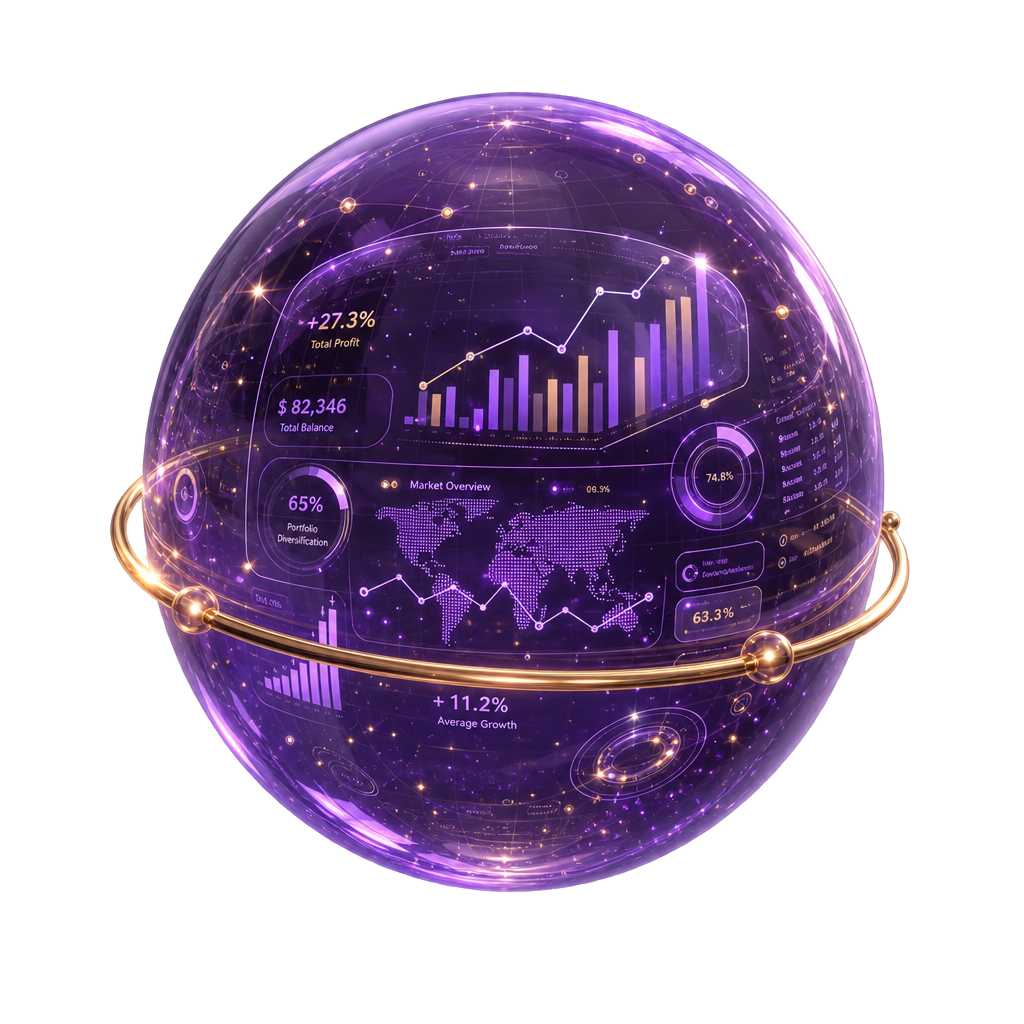 Orbe de inteligência financeira em vidro roxo com gráficos e dados holográficos flutuantes